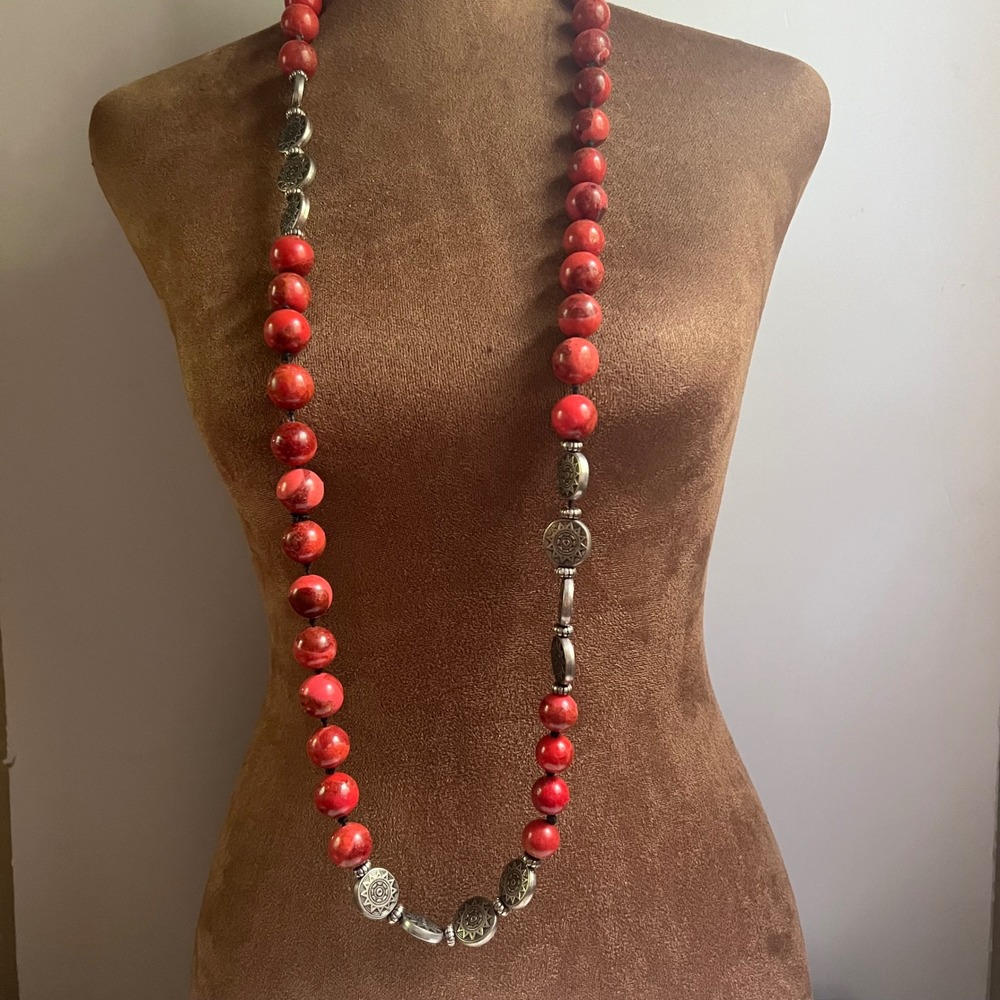 Red Jasper Beaded Sun Medallion Continuous Necklace 22 Inch Southwestern